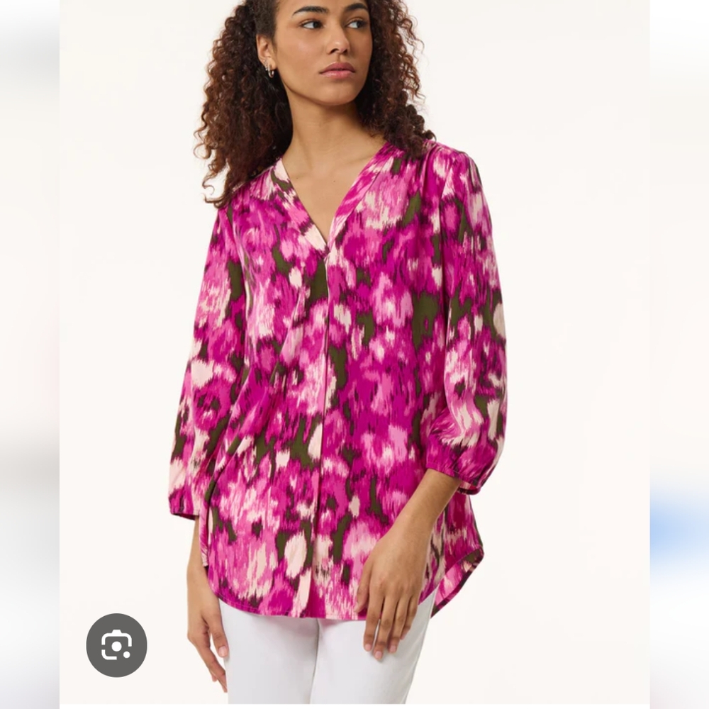 Jones New York 3/4 Sleeve Pullover Blouse Tunic Pleat Front - L Petite